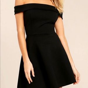 Lulu’s Season of Fun black off-the-shoulder skater dress